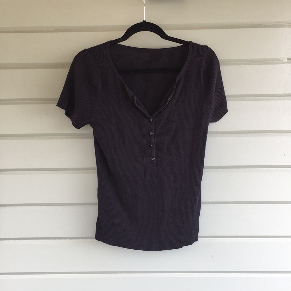 Black Ribbed Button Down T-Shirt